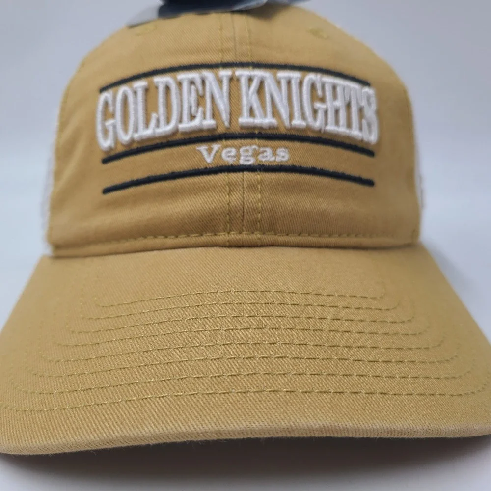 Vegas Golden Knights Hat Snapback Trucker Mesh Fanatics Gold White NHL Split Bar